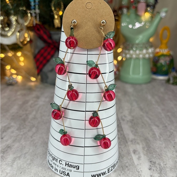 Aura Acrylic Dangle Cherry Drop Earrings Fruit Jewelry Fun - Picture 3 of 3